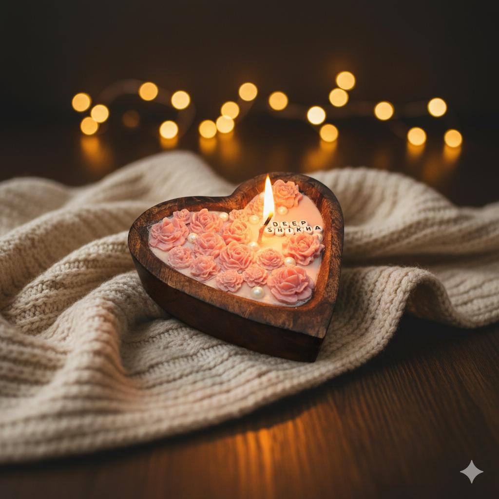 Heart-Shaped Personalized Floral Candle – Romantic Rose Design