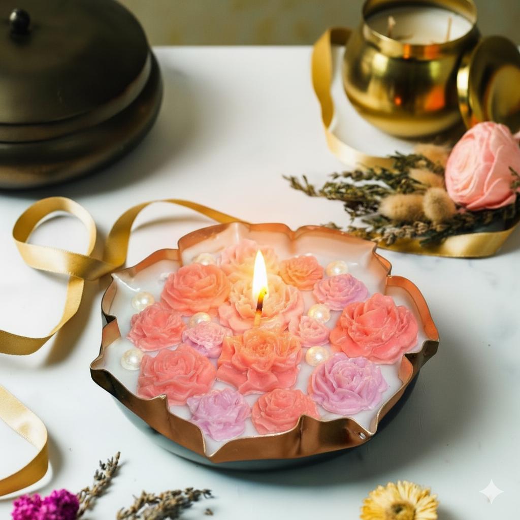 Luxury Floral Urli Soy Candle with Rose Carvings & Pearls