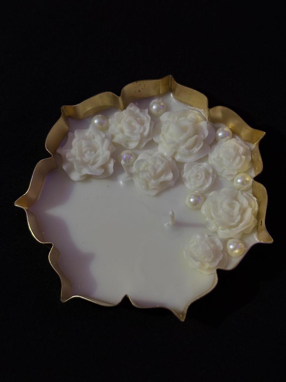 Luxury Floral Urli Soy Candle with Rose Carvings & Pearls